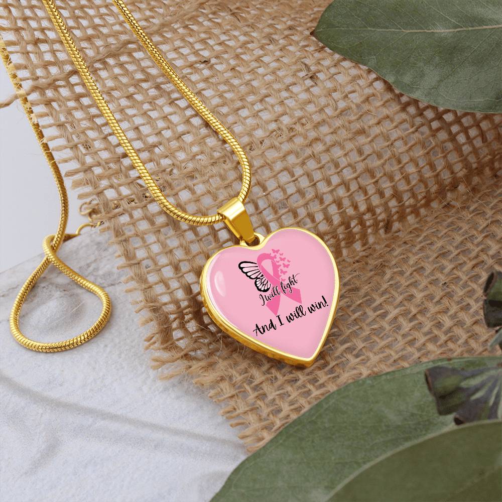 I Will Fight and I Will Win Heart Necklace – Breast Cancer Support Pendant, Pink Ribbon Fighter Survivor Jewelry Gift