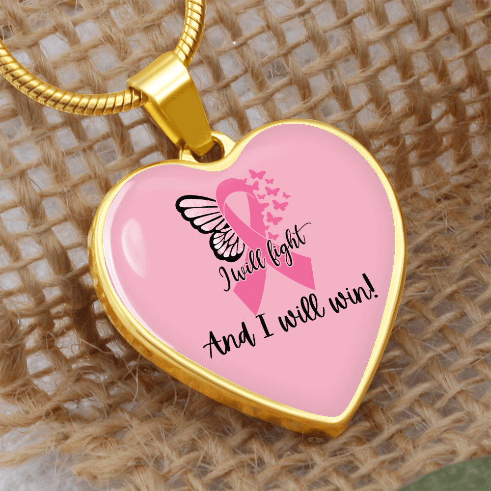I Will Fight and I Will Win Heart Necklace – Breast Cancer Support Pendant, Pink Ribbon Fighter Survivor Jewelry Gift