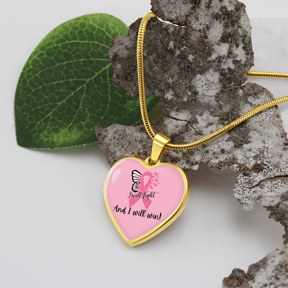 I Will Fight and I Will Win Heart Necklace – Breast Cancer Support Pendant, Pink Ribbon Fighter Survivor Jewelry Gift
