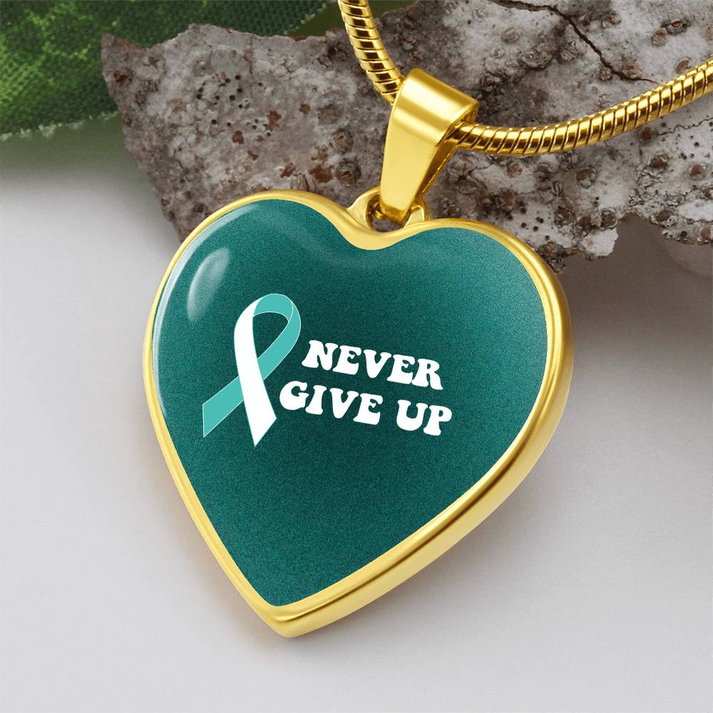 Cervical Cancer Awareness Necklace “Never Give Up” – Teal White Ribbon Heart Pendant, Fighter Gift, Survivor Support