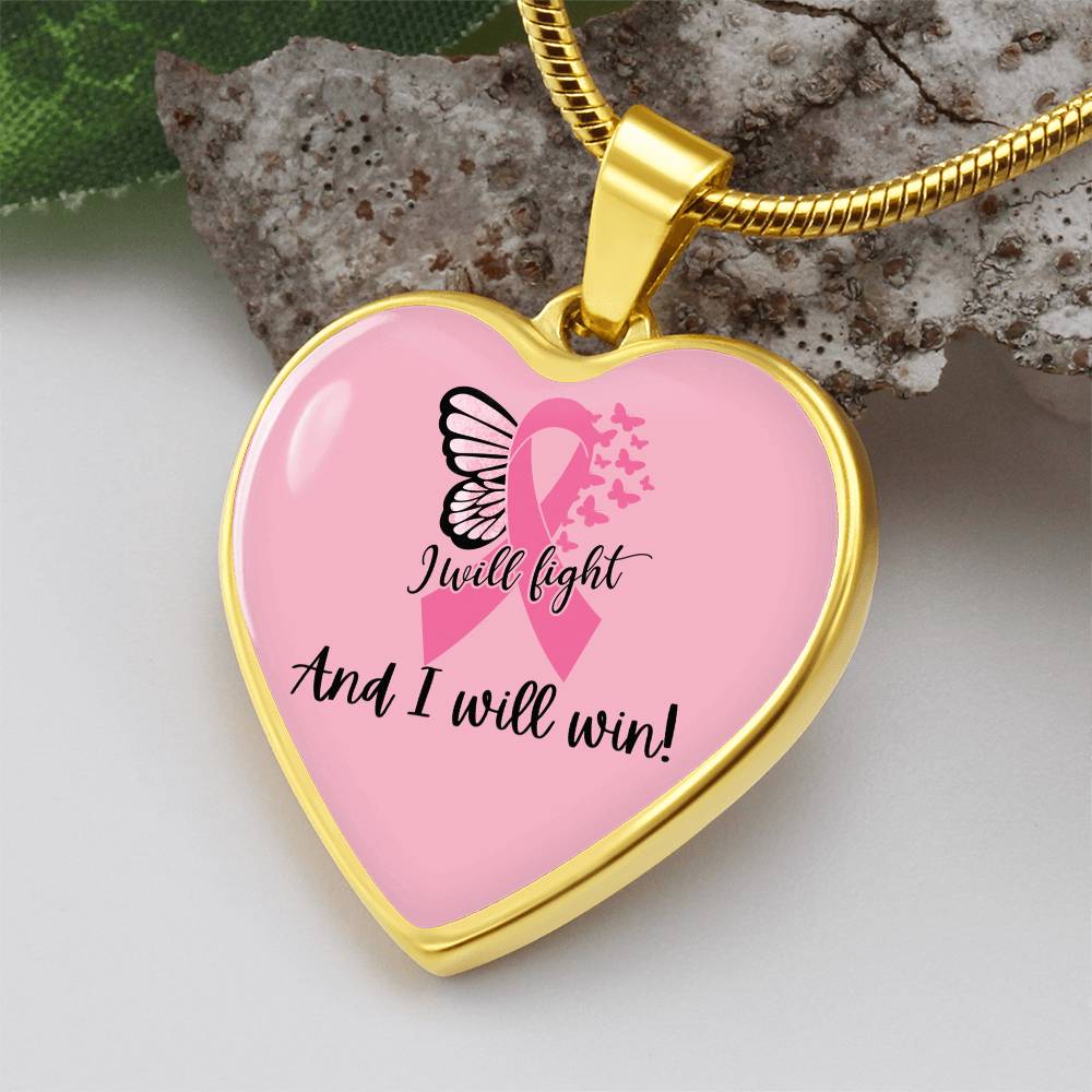 I Will Fight and I Will Win Heart Necklace – Breast Cancer Support Pendant, Pink Ribbon Fighter Survivor Jewelry Gift