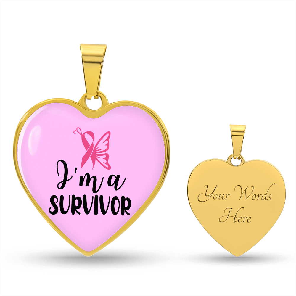 Breast Cancer Survivor Necklace, “I'm a Survivor” Pink Ribbon Heart Pendant, Cancer Survivor Gift, 18K Gold Finish or Stainless Steel