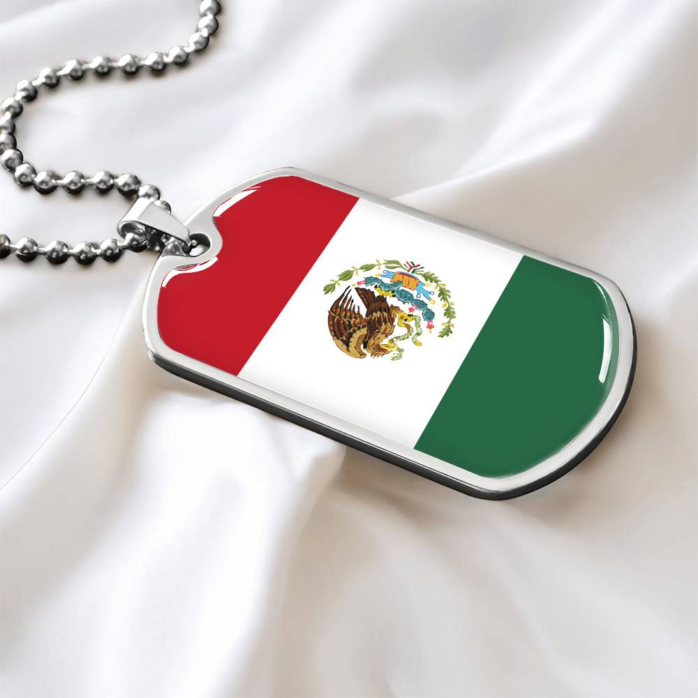 Mexico Flag Pendant Necklace – Engravable Dog Tag Jewelry for Men & Women, Mexico Pride Dog Tag Necklace – Stainless Steel or Gold Finish with Flag Design, Mexican Flag Dog Tag Necklace, Statement Piece to Celebrate Heritage, Culture, or Love for Mexico.