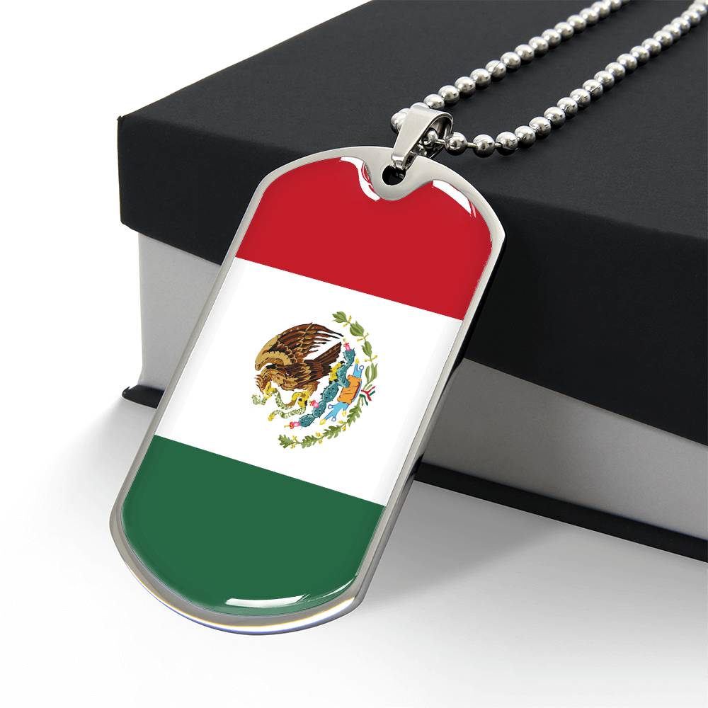Mexico Flag Pendant Necklace – Engravable Dog Tag Jewelry for Men & Women, Mexico Pride Dog Tag Necklace – Stainless Steel or Gold Finish with Flag Design, Mexican Flag Dog Tag Necklace, Statement Piece to Celebrate Heritage, Culture, or Love for Mexico.