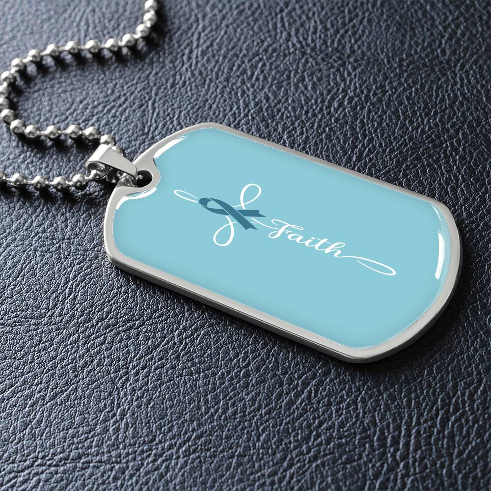 Ovarian Cancer Support Necklace, Faith Teal Ribbon Dog Tag, Personalized Cancer Fighter Gift, Engraved Survivor Jewelry for Women