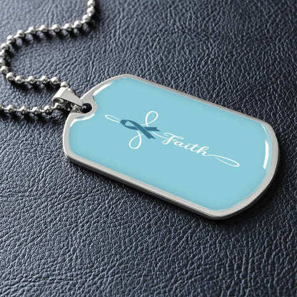 Ovarian Cancer Support Necklace, Faith Teal Ribbon Dog Tag, Personalized Cancer Fighter Gift, Engraved Survivor Jewelry for Women