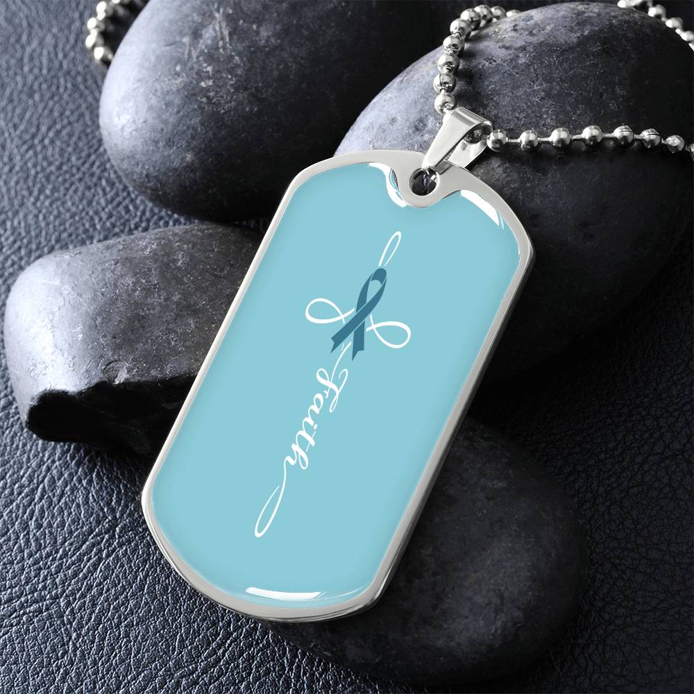 Ovarian Cancer Support Necklace, Faith Teal Ribbon Dog Tag, Personalized Cancer Fighter Gift, Engraved Survivor Jewelry for Women
