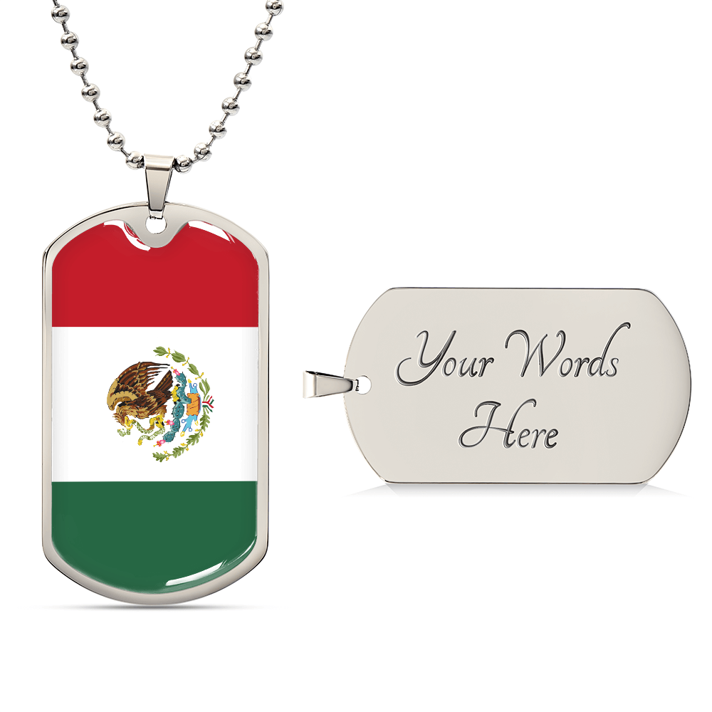 Mexico Flag Pendant Necklace – Engravable Dog Tag Jewelry for Men & Women, Mexico Pride Dog Tag Necklace – Stainless Steel or Gold Finish with Flag Design, Mexican Flag Dog Tag Necklace, Statement Piece to Celebrate Heritage, Culture, or Love for Mexico.