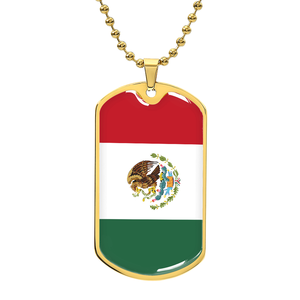Mexico Flag Pendant Necklace – Engravable Dog Tag Jewelry for Men & Women, Mexico Pride Dog Tag Necklace – Stainless Steel or Gold Finish with Flag Design, Mexican Flag Dog Tag Necklace, Statement Piece to Celebrate Heritage, Culture, or Love for Mexico.