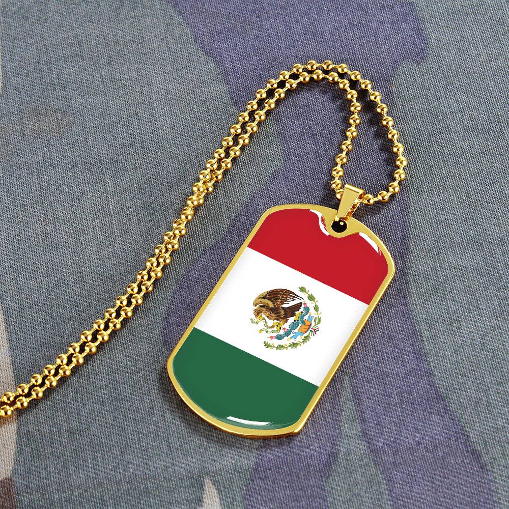 Mexico Flag Pendant Necklace – Engravable Dog Tag Jewelry for Men & Women, Mexico Pride Dog Tag Necklace – Stainless Steel or Gold Finish with Flag Design, Mexican Flag Dog Tag Necklace, Statement Piece to Celebrate Heritage, Culture, or Love for Mexico.