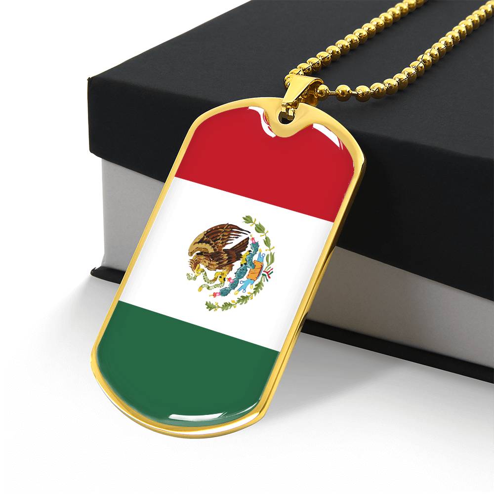 Mexico Flag Pendant Necklace – Engravable Dog Tag Jewelry for Men & Women, Mexico Pride Dog Tag Necklace – Stainless Steel or Gold Finish with Flag Design, Mexican Flag Dog Tag Necklace, Statement Piece to Celebrate Heritage, Culture, or Love for Mexico.