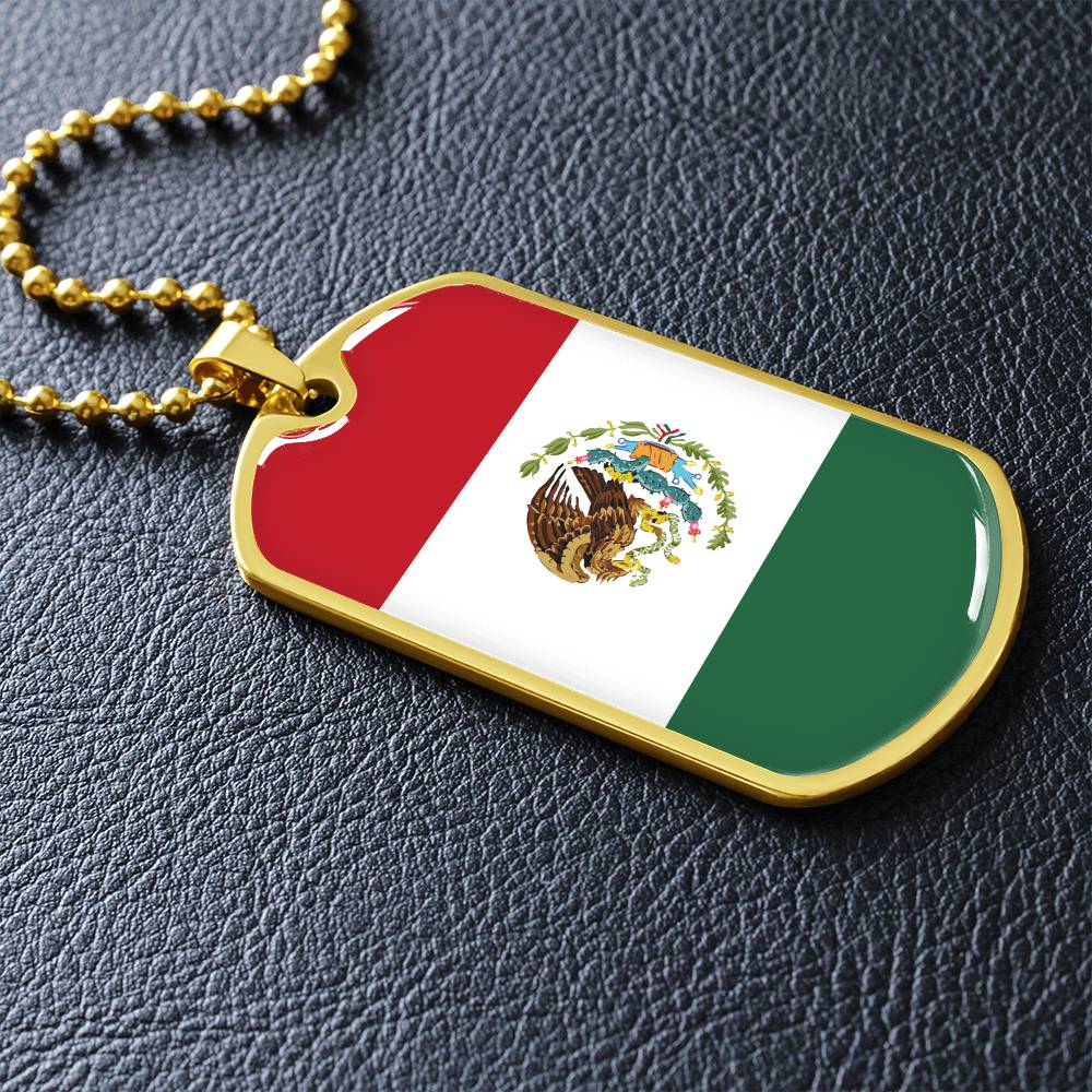 Mexico Flag Pendant Necklace – Engravable Dog Tag Jewelry for Men & Women, Mexico Pride Dog Tag Necklace – Stainless Steel or Gold Finish with Flag Design, Mexican Flag Dog Tag Necklace, Statement Piece to Celebrate Heritage, Culture, or Love for Mexico.