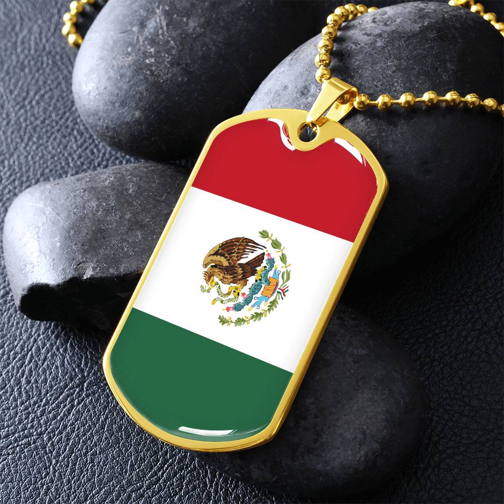 Mexico Flag Pendant Necklace – Engravable Dog Tag Jewelry for Men & Women, Mexico Pride Dog Tag Necklace – Stainless Steel or Gold Finish with Flag Design, Mexican Flag Dog Tag Necklace, Statement Piece to Celebrate Heritage, Culture, or Love for Mexico.