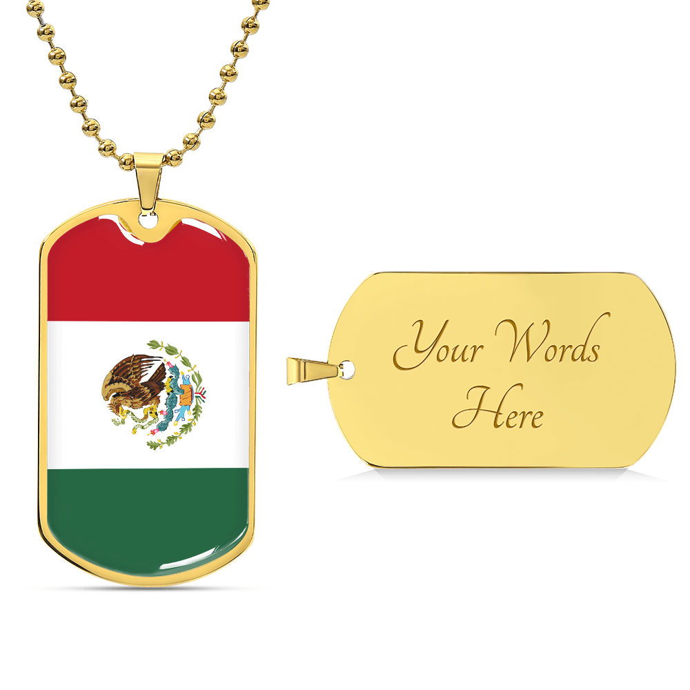 Mexico Flag Pendant Necklace – Engravable Dog Tag Jewelry for Men & Women, Mexico Pride Dog Tag Necklace – Stainless Steel or Gold Finish with Flag Design, Mexican Flag Dog Tag Necklace, Statement Piece to Celebrate Heritage, Culture, or Love for Mexico.