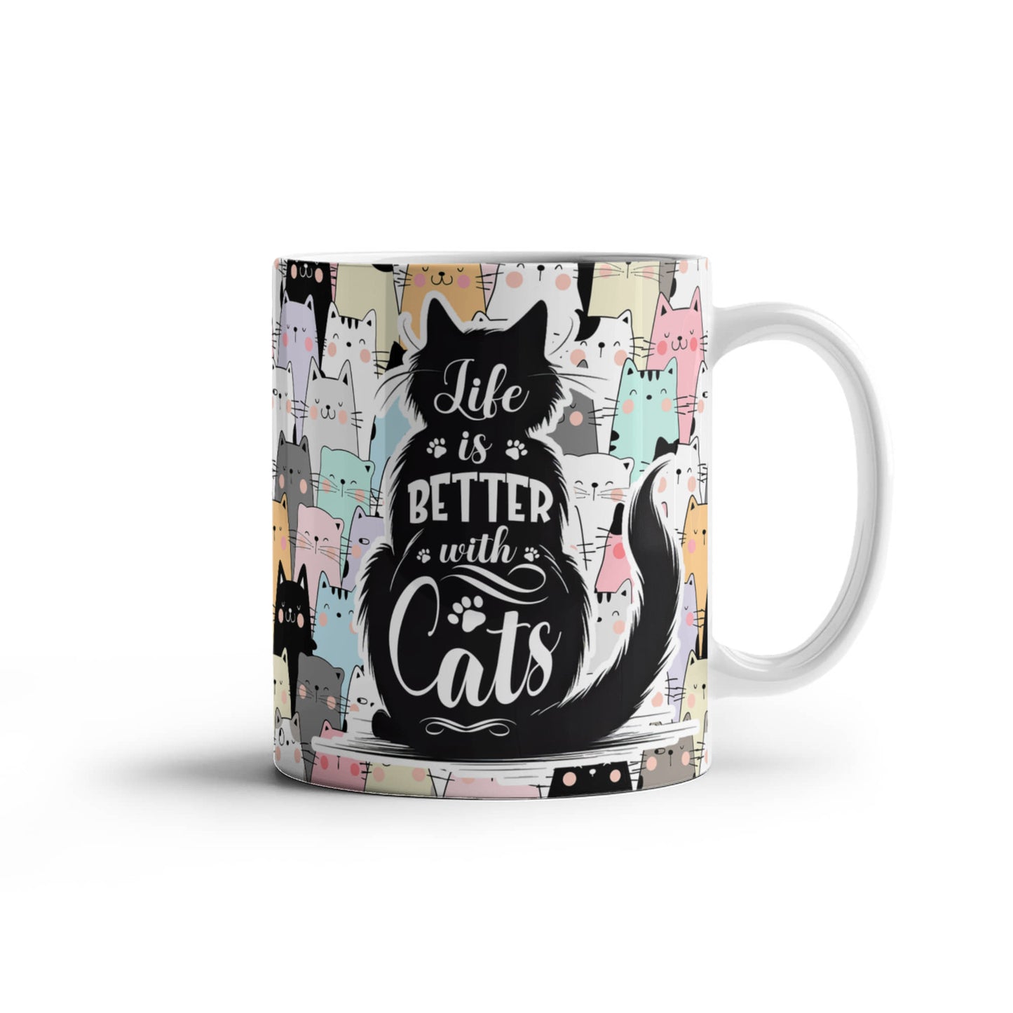 Life Is Better with Cats 11 oz All-Over Print Mug, Cute Cat Lover Coffee Mug, Colorful Kawaii Cat Design, Gift for Cat Mom & Cat Dad