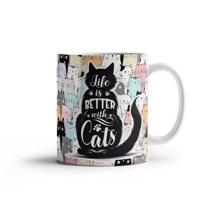Life Is Better with Cats 11 oz All-Over Print Mug, Cute Cat Lover Coffee Mug, Colorful Kawaii Cat Design, Gift for Cat Mom & Cat Dad