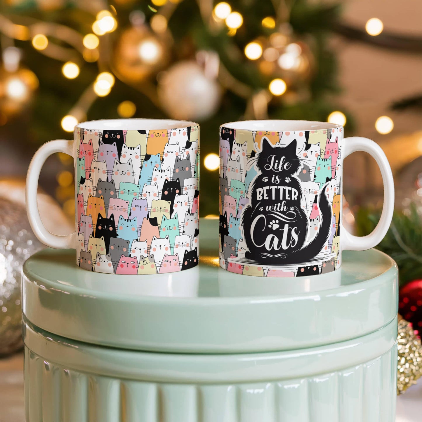 Life Is Better with Cats 11 oz All-Over Print Mug, Cute Cat Lover Coffee Mug, Colorful Kawaii Cat Design, Gift for Cat Mom & Cat Dad