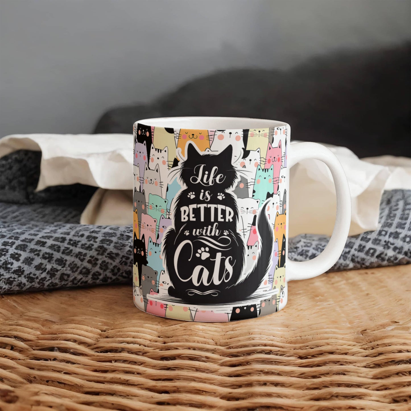 Life Is Better with Cats 11 oz All-Over Print Mug, Cute Cat Lover Coffee Mug, Colorful Kawaii Cat Design, Gift for Cat Mom & Cat Dad