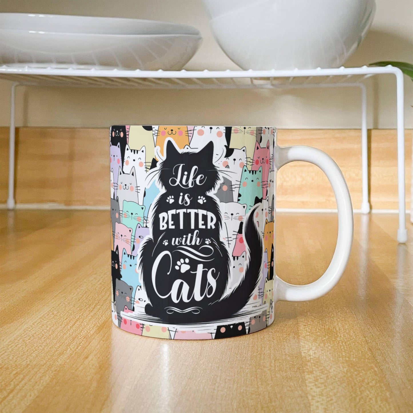 Life Is Better with Cats 11 oz All-Over Print Mug, Cute Cat Lover Coffee Mug, Colorful Kawaii Cat Design, Gift for Cat Mom & Cat Dad