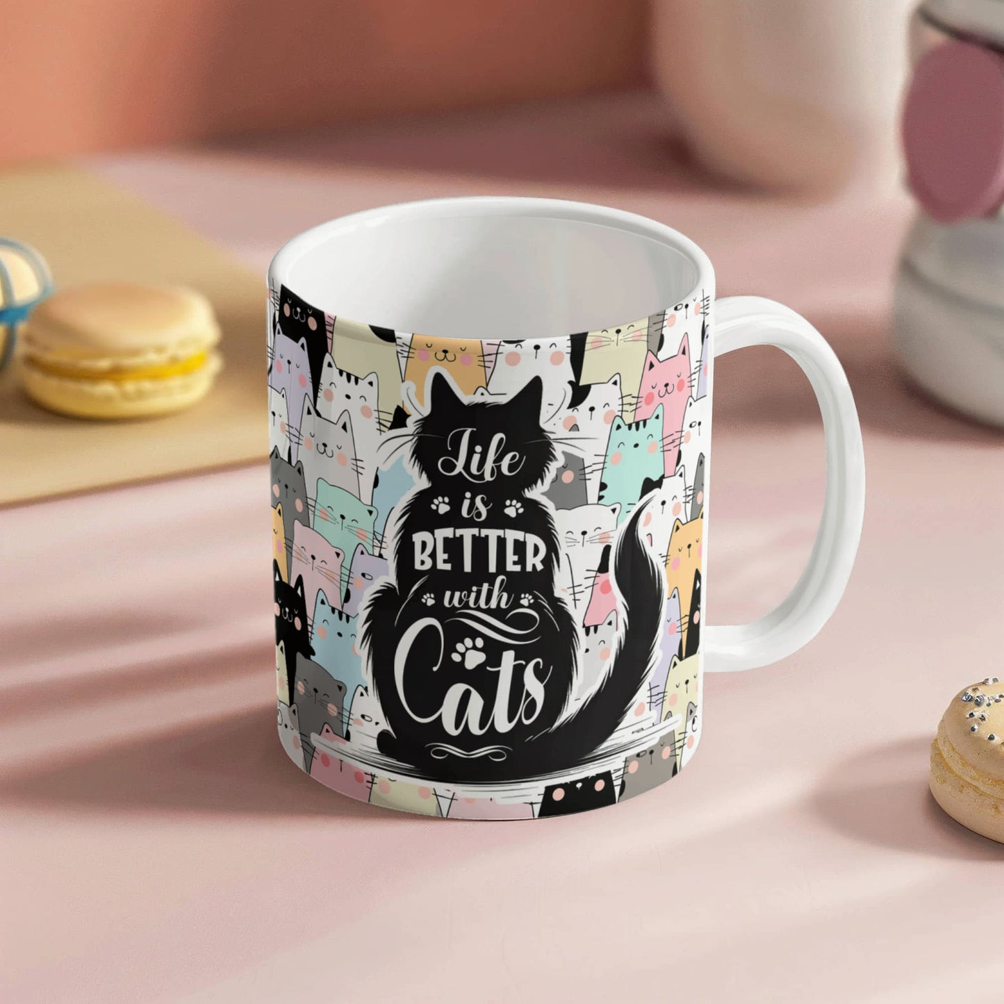 Life Is Better with Cats 11 oz All-Over Print Mug, Cute Cat Lover Coffee Mug, Colorful Kawaii Cat Design, Gift for Cat Mom & Cat Dad