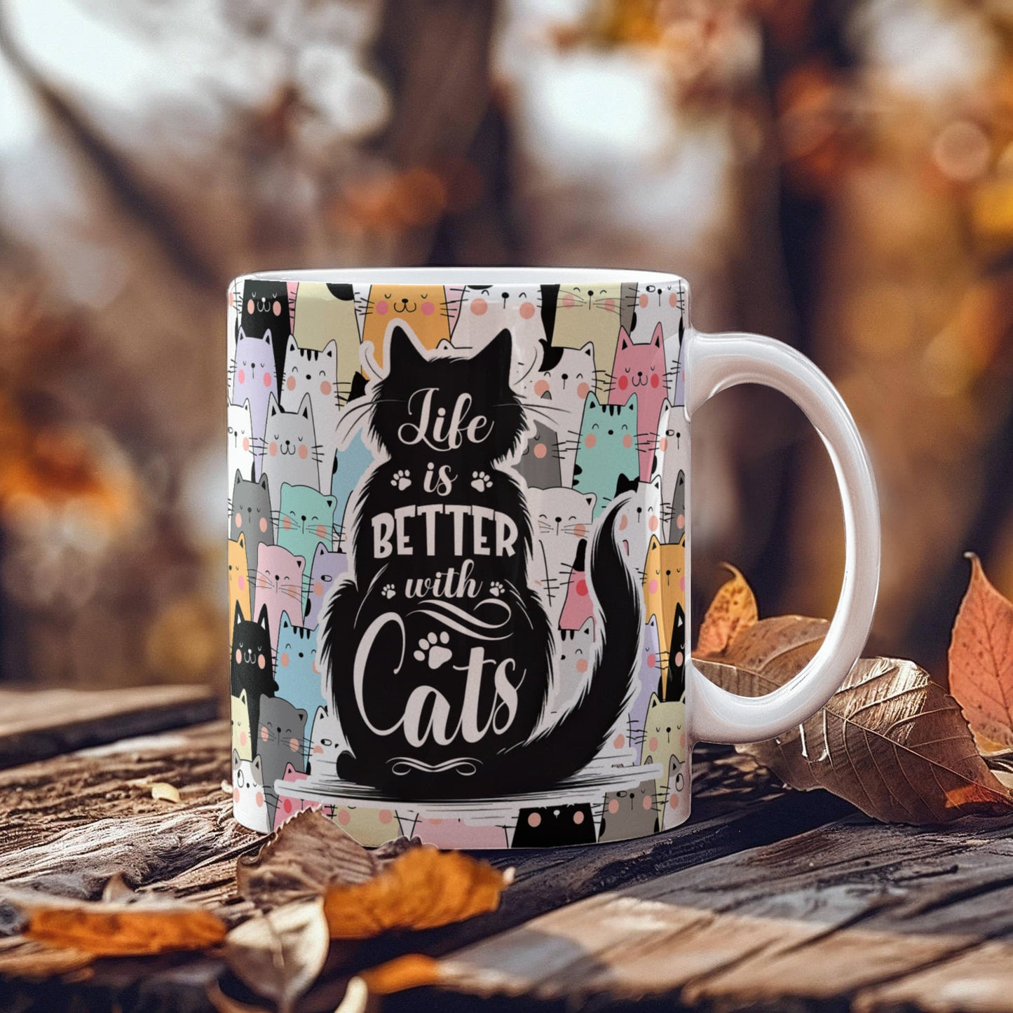 Life Is Better with Cats 11 oz All-Over Print Mug, Cute Cat Lover Coffee Mug, Colorful Kawaii Cat Design, Gift for Cat Mom & Cat Dad