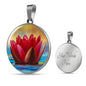 Water Lily Floral Circle Pendent Necklace with the Option to Engrave - TreasureNoni