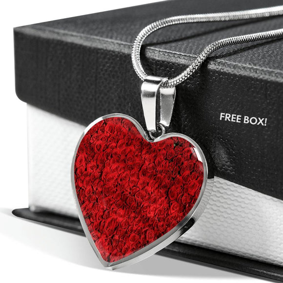 Red Roses Heart Pendant Necklace with the Option to Engrave - TreasureNoni