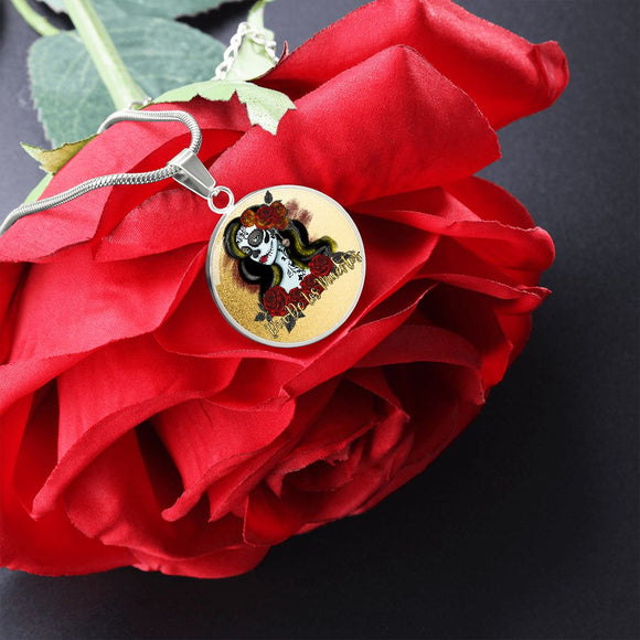 Dia De Los Muertos, Mexican Catrina Skull Pendant Necklace, Sugar Skull With Roses, Sugar Skull Necklace, Calavera Day of The Dead Necklace