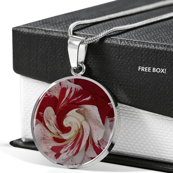 Red and White Rose Abstract Art Circle Charm Necklace - TreasureNoni