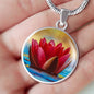 Water Lily Floral Circle Pendent Necklace with the Option to Engrave - TreasureNoni