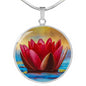 Water Lily Floral Circle Pendent Necklace with the Option to Engrave - TreasureNoni