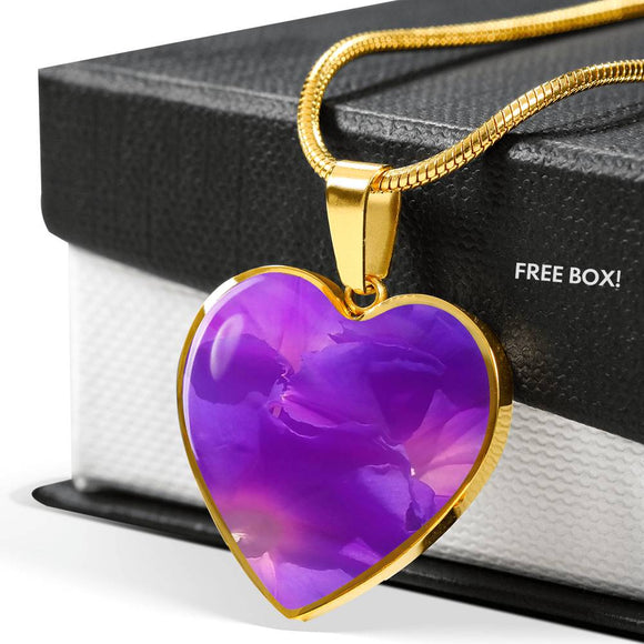 Purple Floral Heart Charm Necklace with the Option to Engrave - TreasureNoni