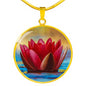 Water Lily Floral Circle Pendent Necklace with the Option to Engrave - TreasureNoni