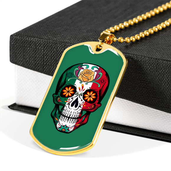 Calavera Mexicana Flag, Mexican Skull Flag Necklace, Dia de los Muertos, Mexican Skull Flag Gift For Men, Mexican Flag