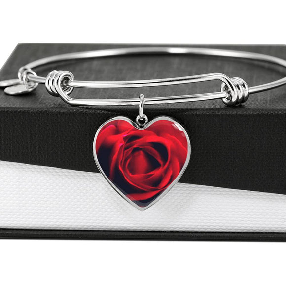Red Rose Heart Charm Bracelet with the Option to Engrave - TreasureNoni