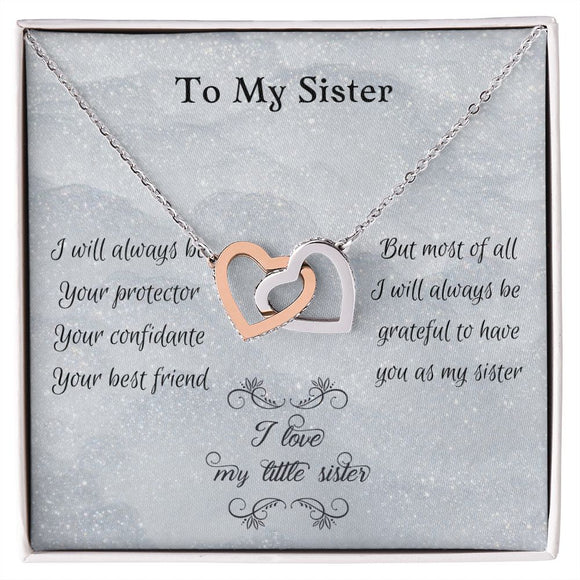 Gift For Little Sister, Birthday Gift From Big Sister, Interlocking Heart Pendant Necklace For Younger Sister. Big Sis To Little Sis Gift