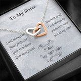 Gift For Little Sister, Birthday Gift From Big Sister, Interlocking Heart Pendant Necklace For Younger Sister. Big Sis To Little Sis Gift