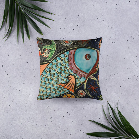 Fish Throw Pillow, Colorful Fish Art Throw Pillow, Mosaic Fish Design Throw Pillow - TreasureNoni