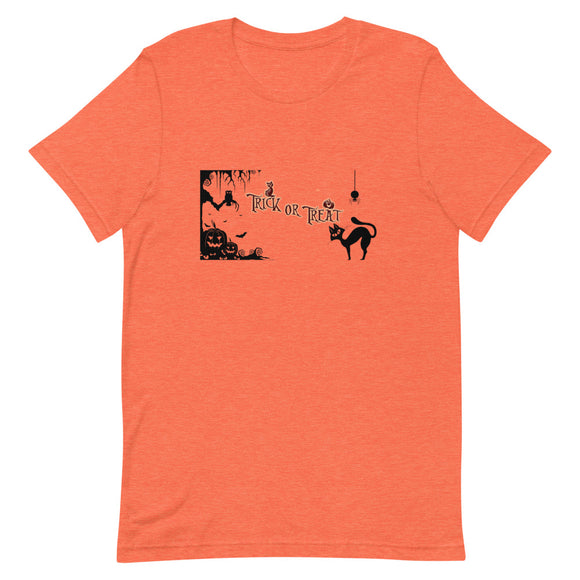 Trick or Treat Graphic Shirt, Black Cat Shirt, Halloween Short-Sleeve Unisex T-Shirt - TreasureNoni