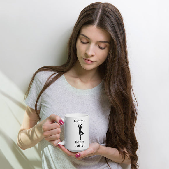 Breathe But First Coffee Yoga Lovers Mug - TreasureNoni