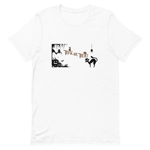 Trick or Treat Graphic Shirt, Black Cat Shirt, Halloween Short-Sleeve Unisex T-Shirt - TreasureNoni
